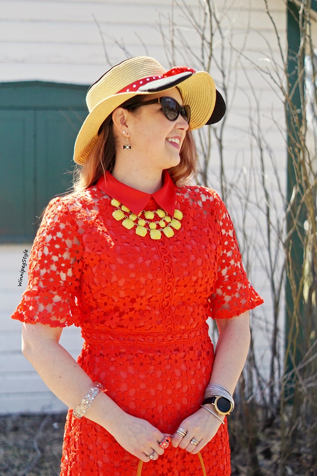 Winnipeg Style, Canadian fashion consultant stylist, Chichwish red crochet shift dress, Disney E hyphen world gallery Minnie Mouse straw ear sun hat, Forever 21 yellow statement necklace, vintage retro style, women